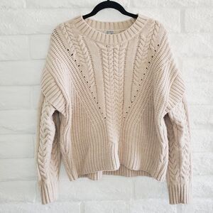 Jamison Myles Cable Knit Sweater Womens Oatmeal Comfy Cozy Pullover Sweater SZ L